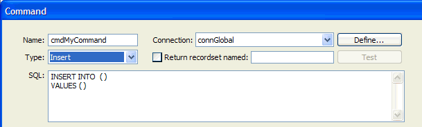 Command dialog box for inserting a SQL statement for an ASP command object