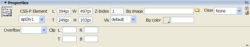 Property inspector settings for a single AP element.