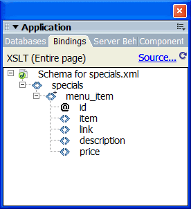 Bindings panel shows the schema of XML data source