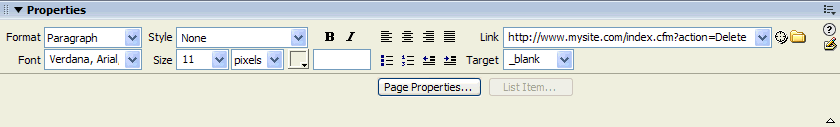 Setting a URL parameter in the Property inspector.