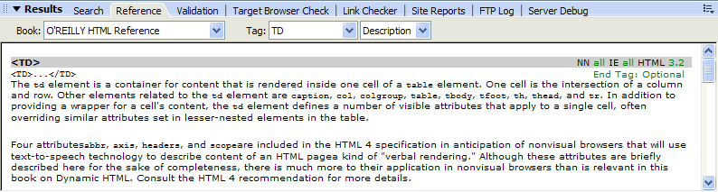 The Reference panel displays information about the tag, attribute, or keyword that you clicked.